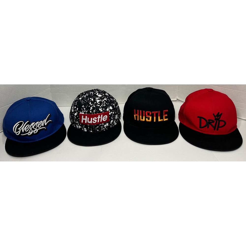Hustle Drip Blessed Graphic Snapback Hats Lot of 4 Flat Brim